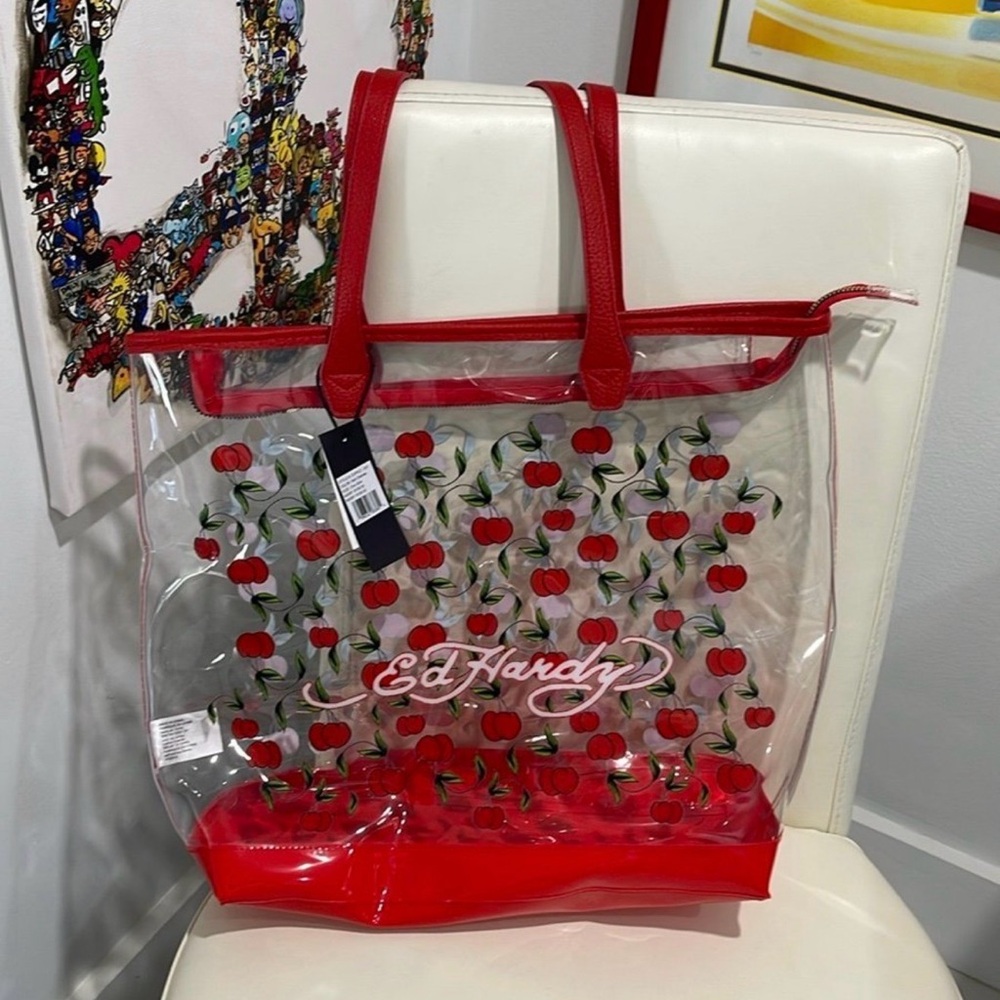 Ed Hardy Cherry Red "Cherries" Transparent Tote Bag